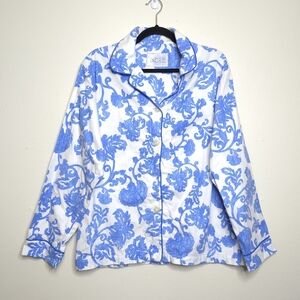 The Cat's Pajamas Flannel Floral PJ Top Size Large 100% Cotton Blue White